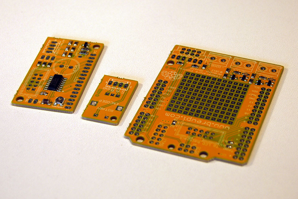 You now have 3 boards: The main shield, the LCD backpack and the rotary encoder breakout board.