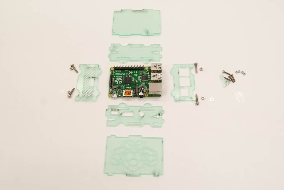 Parts to assemble the Raspberry Pi case.