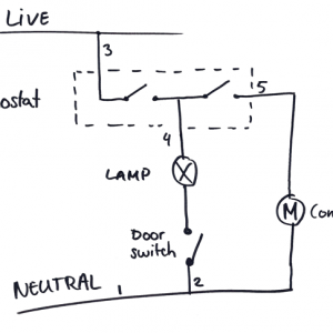 Fridge schematic with thermostat, lamp and compressor, simplified
